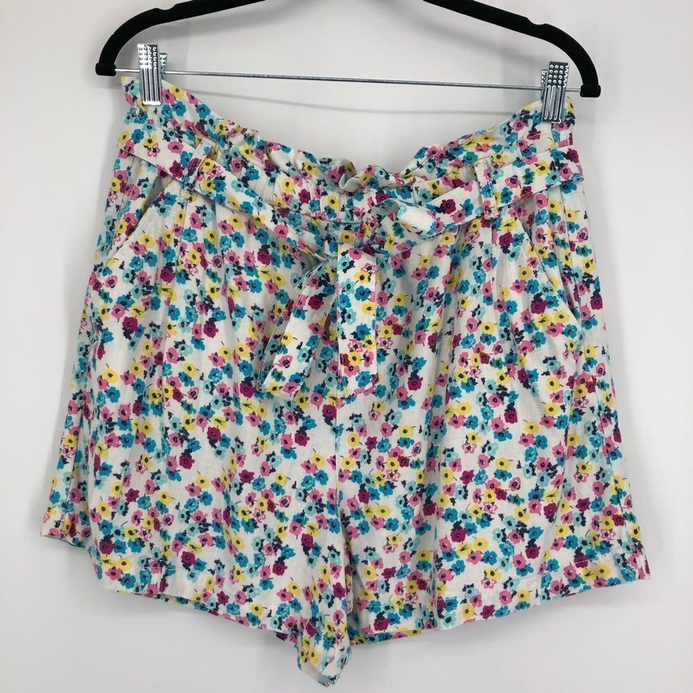 A.N.A. Floral Print Linen Blend Paper Bag Shorts Tie Waist
